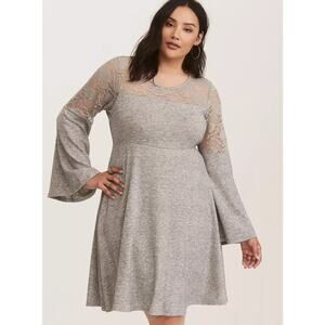 Torrid Grey Bell Sleeve Lace Inset Woven Skater Mini Dress Plus Size 1X